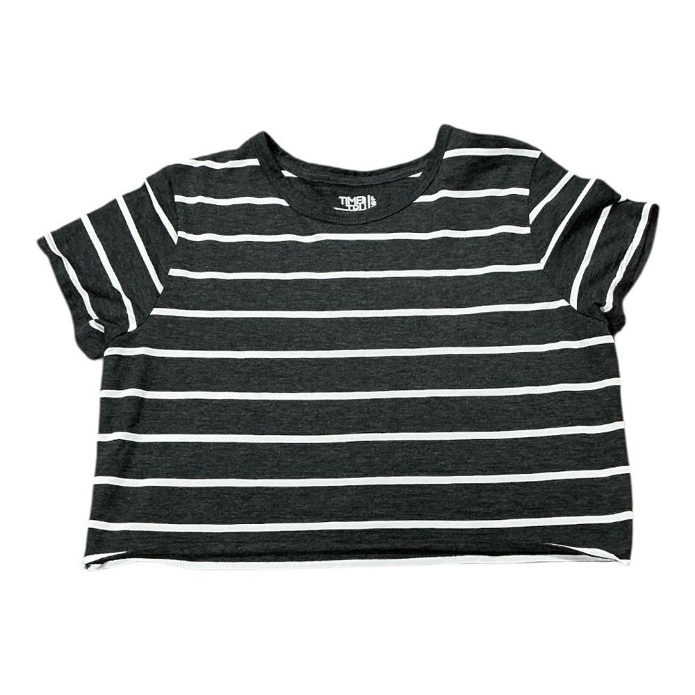 Time & Tru - EC - Cropped Raw Hem Striped Gray T-Shirt